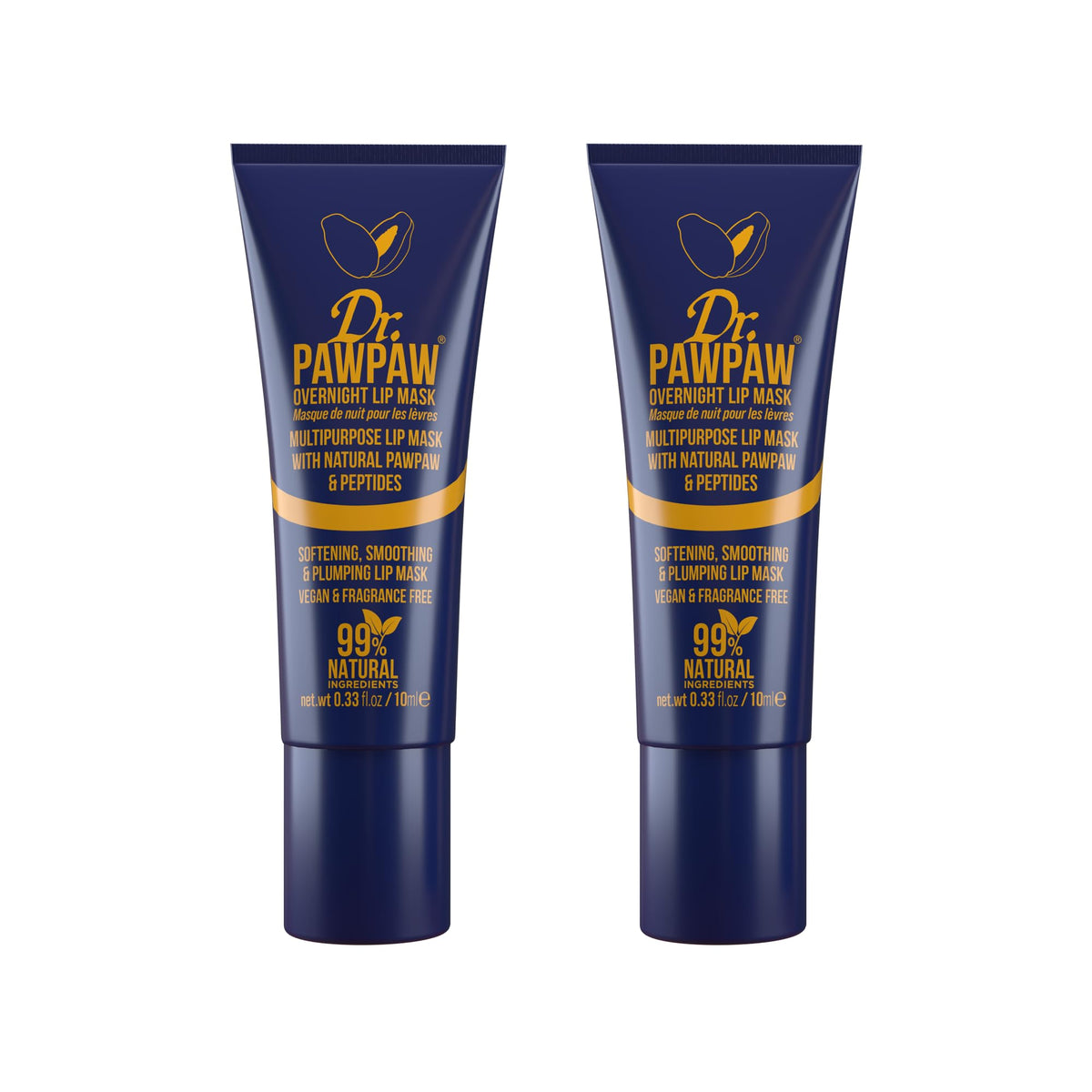 Dr. PAWPAW ORIGINAL BALM Dr.PAWPAW Overnight Lip Mask 2 x 10ml, Multi Purpose Natural Pawpaw Balm with Peptides, Fragrance Free Vegan Lip Treatment to Smooth Dry Cracked Lips Overnight