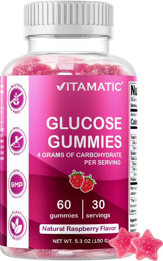 Vitamatic Glucose Chweble Gummies - 60 Count - Natural Raspberry Flavor - 4G of Carbohydrate per Serving