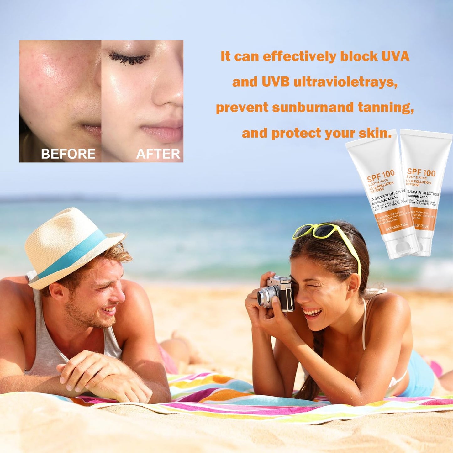 SPF 100 Face Sunscreen for Women, Waterproof Sun Cream with Vitamin E, Broad Spectrum UVA/UVB Protection,Moisturizing & Non-Greasy, Travel Size (2 PCS)