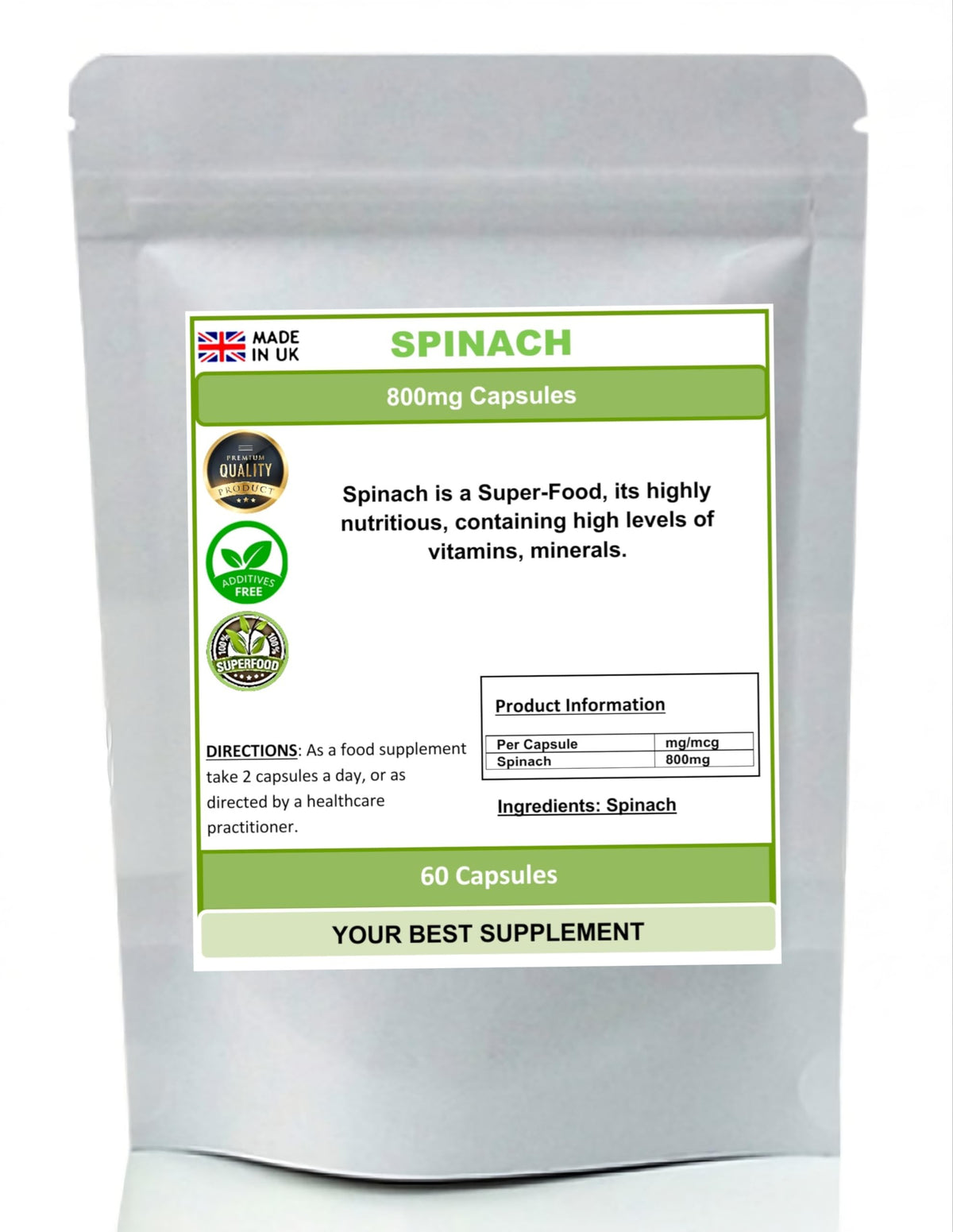 Your Best Supplement Spinach 800mg Capsules 100% Pure High Strength Super-Food(NoFiller No Additive) (60)