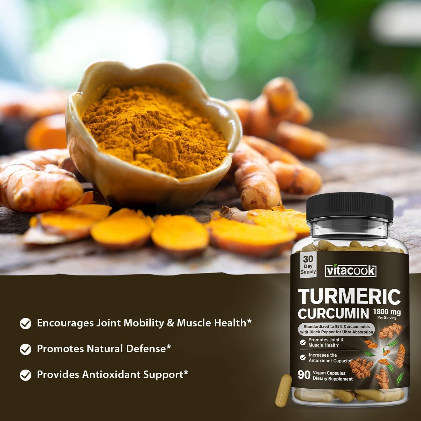 Turmeric Curcumin 1800mg, 95% Curcuminoids for Potency, Superior Absorption with Black Pepper Extract, Raw Whole Root,90 Veggie Caps