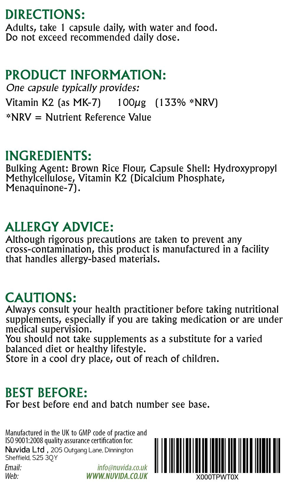 NUVIDA NATURAL HEALTH Vitamin K2 MK-7 Capsules / 120 / Premium Daily Vitamin K2 Supplement/Vegan and Vegetarian Friendly