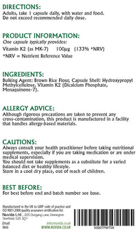 NUVIDA NATURAL HEALTH Vitamin K2 MK-7 Capsules / 120 / Premium Daily Vitamin K2 Supplement/Vegan and Vegetarian Friendly