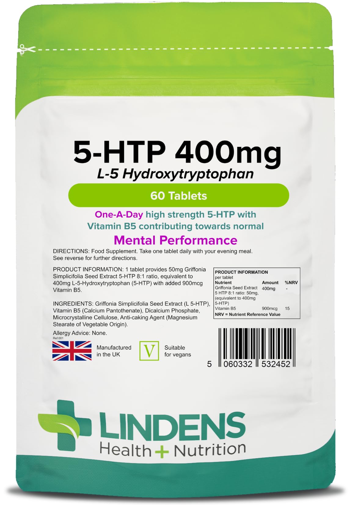 Lindens 5 HTP 400mg Tablets - 60 Pack - 50mg Griffonia Simplicifolia Extract 8:1, Standardised to Yield 400mg 5-HTP - UK Manufacturer, Letterbox Friendly