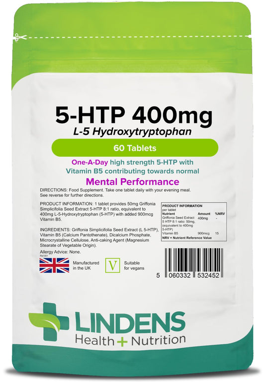 Lindens 5 HTP 400mg Tablets - 60 Pack - 50mg Griffonia Simplicifolia Extract 8:1, Standardised to Yield 400mg 5-HTP - UK Manufacturer, Letterbox Friendly