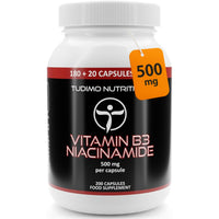 TUDIMO Vitamin B3 Niacinamide Supplement 500mg Flush Free Capsules - 200 High Strength Caps (6+ Month Supply), Each with 500 mg of Pure VIT B3 Nicotinamide 500mg Powder