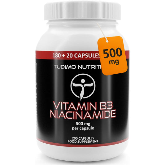 TUDIMO Vitamin B3 Niacinamide Supplement 500mg Flush Free Capsules - 200 High Strength Caps (6+ Month Supply), Each with 500 mg of Pure VIT B3 Nicotinamide 500mg Powder