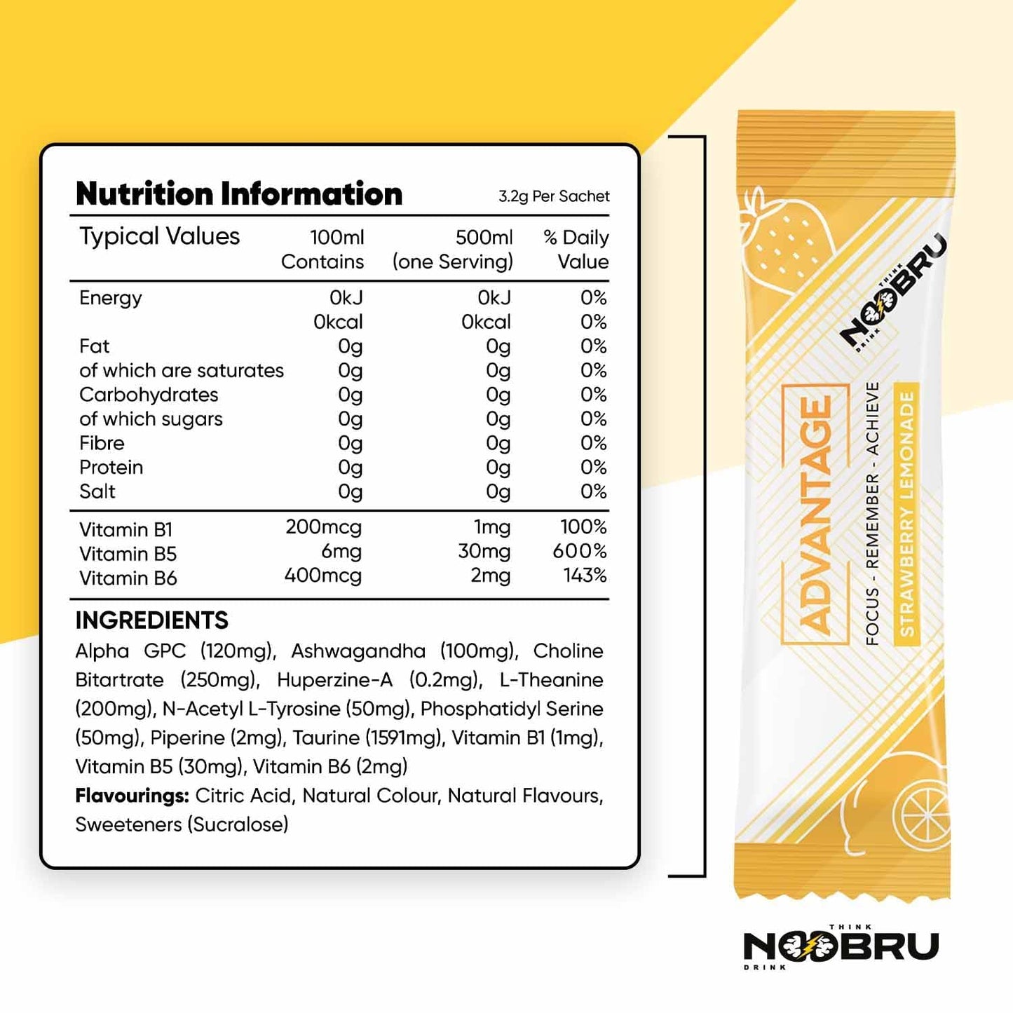 Noobru Аdvantage Nootropic - Delicious Nootropics Brain Supplement with 11 Active Ingredients - Natural Cognitive Enhancer - 20 Strawberry Lemonade Sachets - 1 Month Supply, 20 Count (Pack of 1)