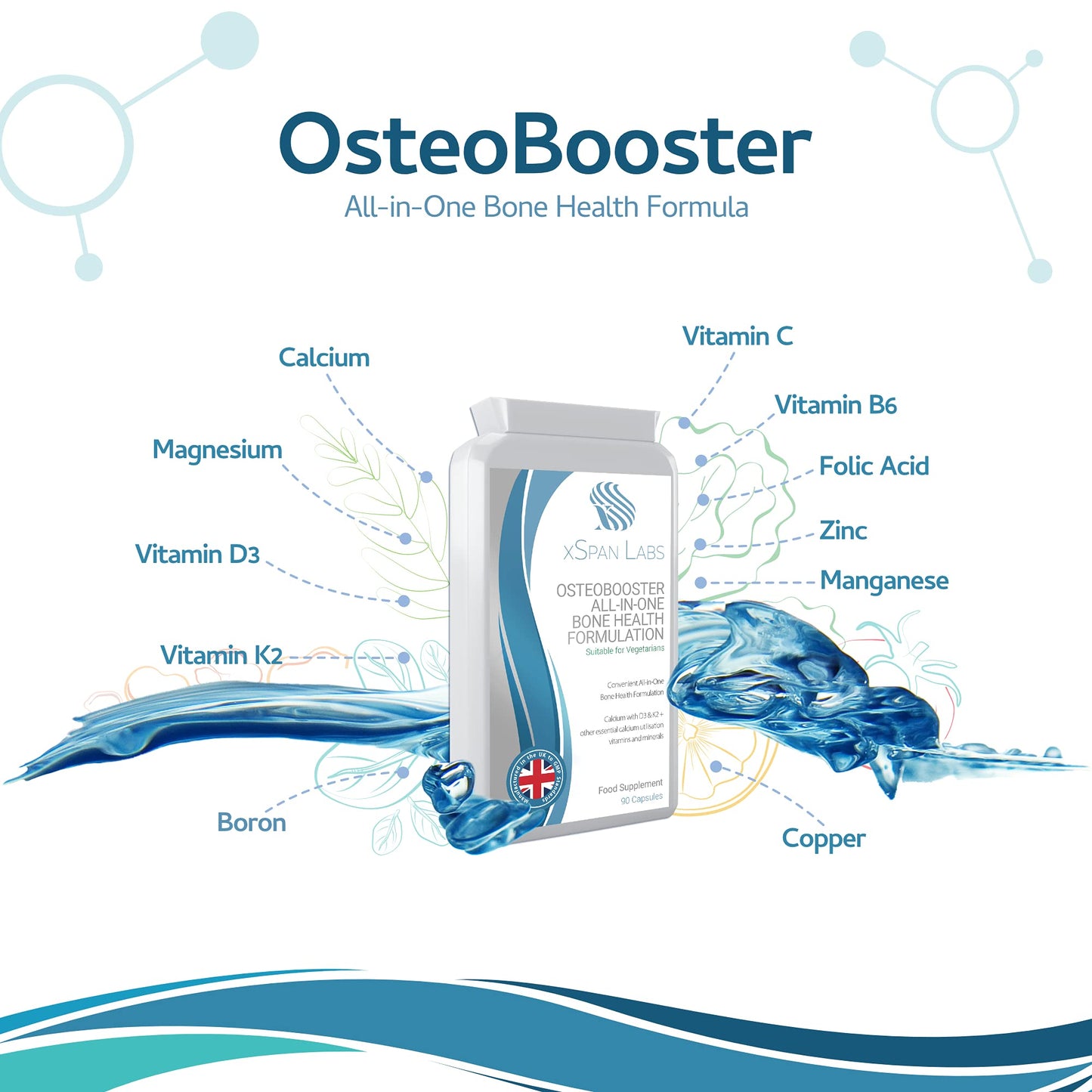 Xspan Labs OsteoBooster 90 Capsules – All-in-One Bone Support Formula – Contains Calcium, Vitamins D3 & K2, Magnesium Plus a Host of Other Essential Calcium utilisation Vitamins and Minerals