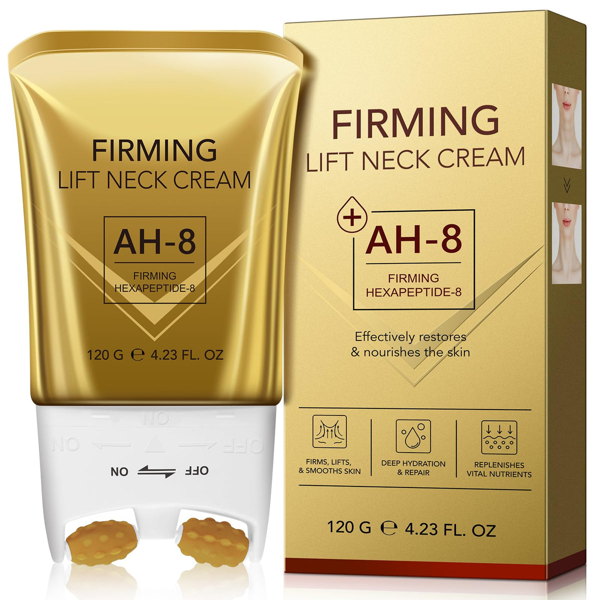 HXTMKT Neck Firming Cream, AH-8 Firming Neck Cream with Roller 120g, Tighten and Lift Neck Cream with Double Roller Massage, Reduces Wrinkles Fine Lines Double Chin, Moisturizes Skin