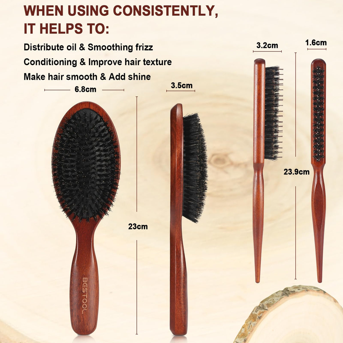 BESTOOL Hair Brush, 100% Pure Boar Bristle Hair Brush for Women Men Children, Natural Bristles for Thin and Fine Hair, Slick Back Hair Brush, Restore Shine and Texture
