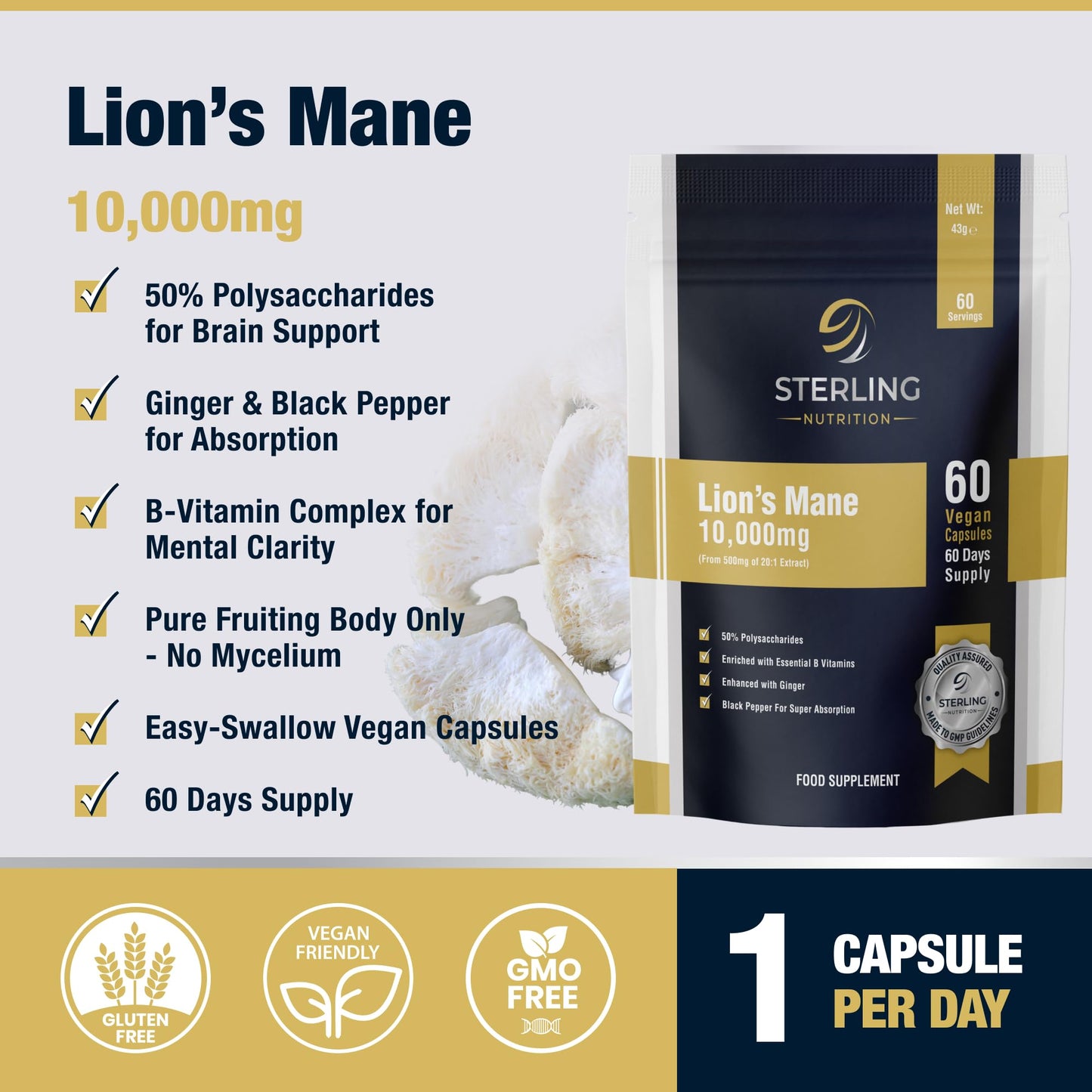 Extra Strength Lions Mane Tablets - Vegan Capsules for Adults, Pack of 60 Supplements (2 Months) | High Strength 10000mg, B Vitamins, Black Pepper & Ginger to Support Brain Health | STERLING NUTRITION