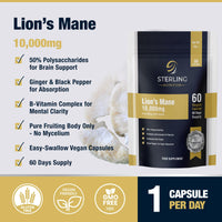 Extra Strength Lions Mane Tablets - Vegan Capsules for Adults, Pack of 60 Supplements (2 Months) | High Strength 10000mg, B Vitamins, Black Pepper & Ginger to Support Brain Health | STERLING NUTRITION