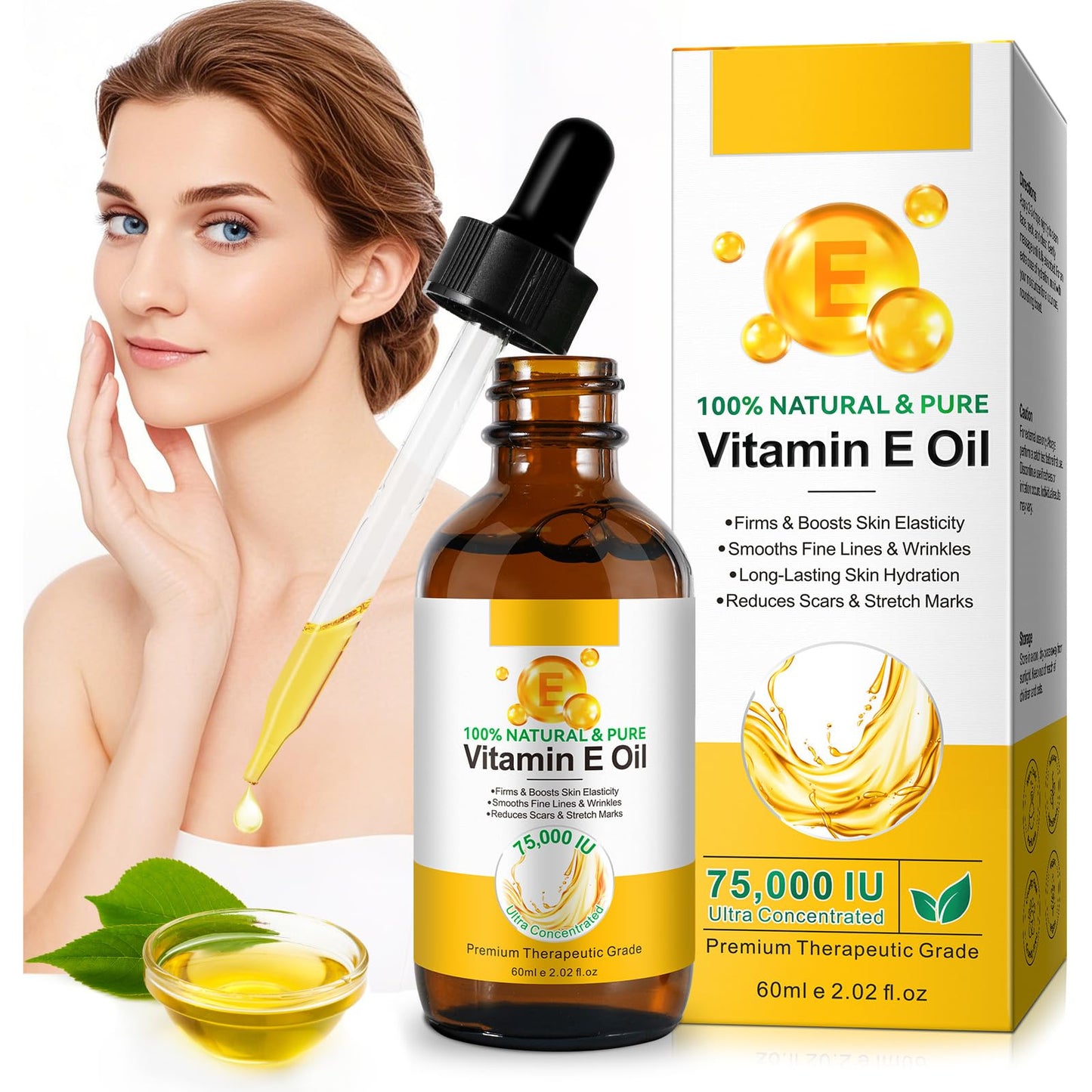 LEISGOTO Vitamin E Oil, 100% Pure Natural Plant Extracts Vitamin E Oil for Skin, Face, Reduces Scars & Stretch Marks, Smooths Fine Lines & Wrinkles, Firms & Boosts Skin Elasticity - 60ml Body Oil (Pack of 1)
