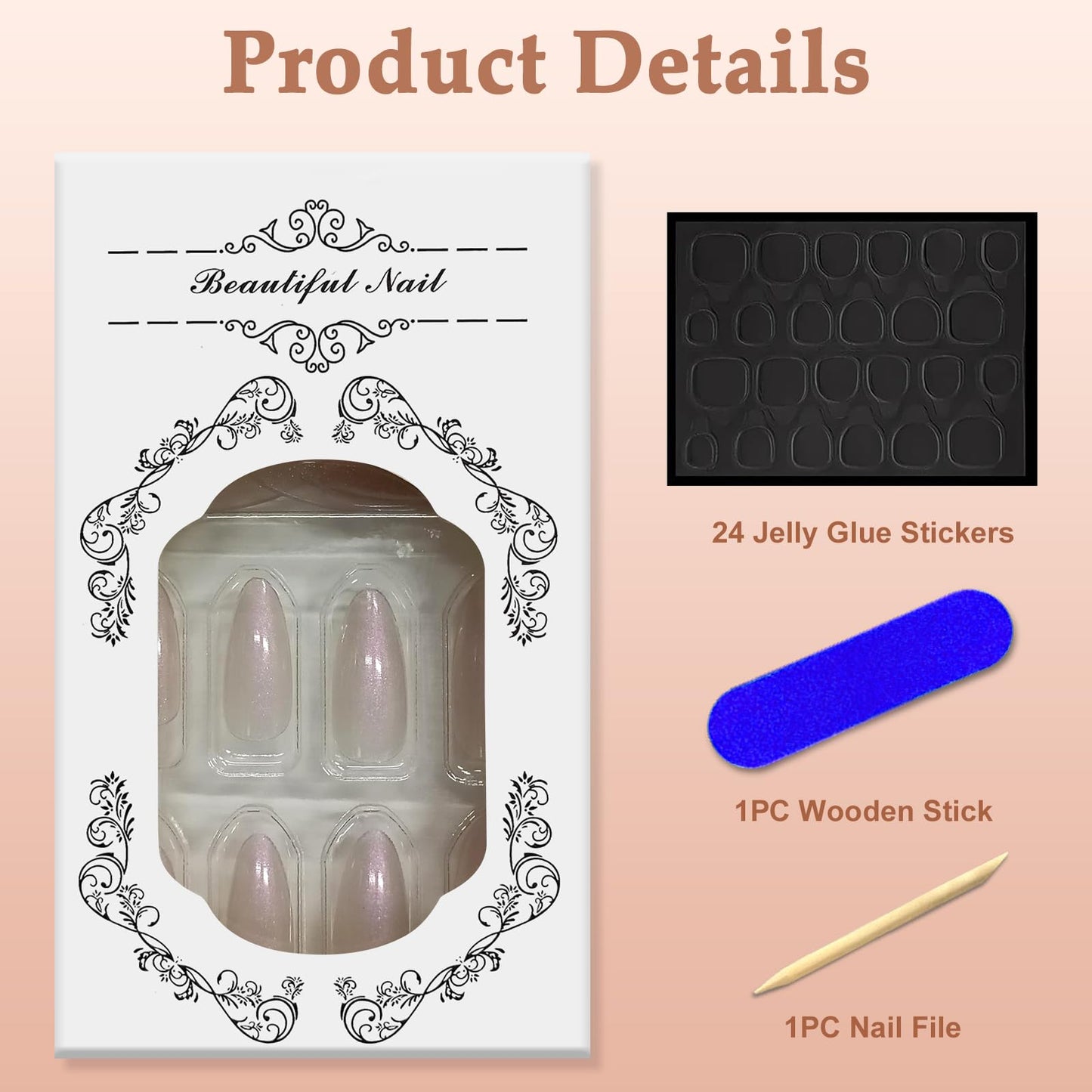 Viugex 24Pcs Press on Nails Medium Almond, Nude Pearlescent False Nails, Glossy Solid Soft Gel Fake Nails Set, Ballerina Glitter Glue on Nail, Natural Removable Acrylic Stick on Nail for Women Girls