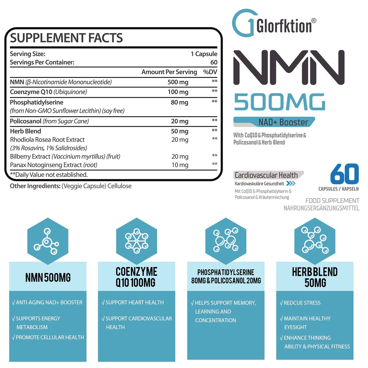 Glorfktion NAD Supplement | 750mg Advanced NAD Contains All 7 Ingredients in 1 Capsule | NAD+ Booster for Anti Aging | 60 Count Capsules (60 Count (Pack of 1))