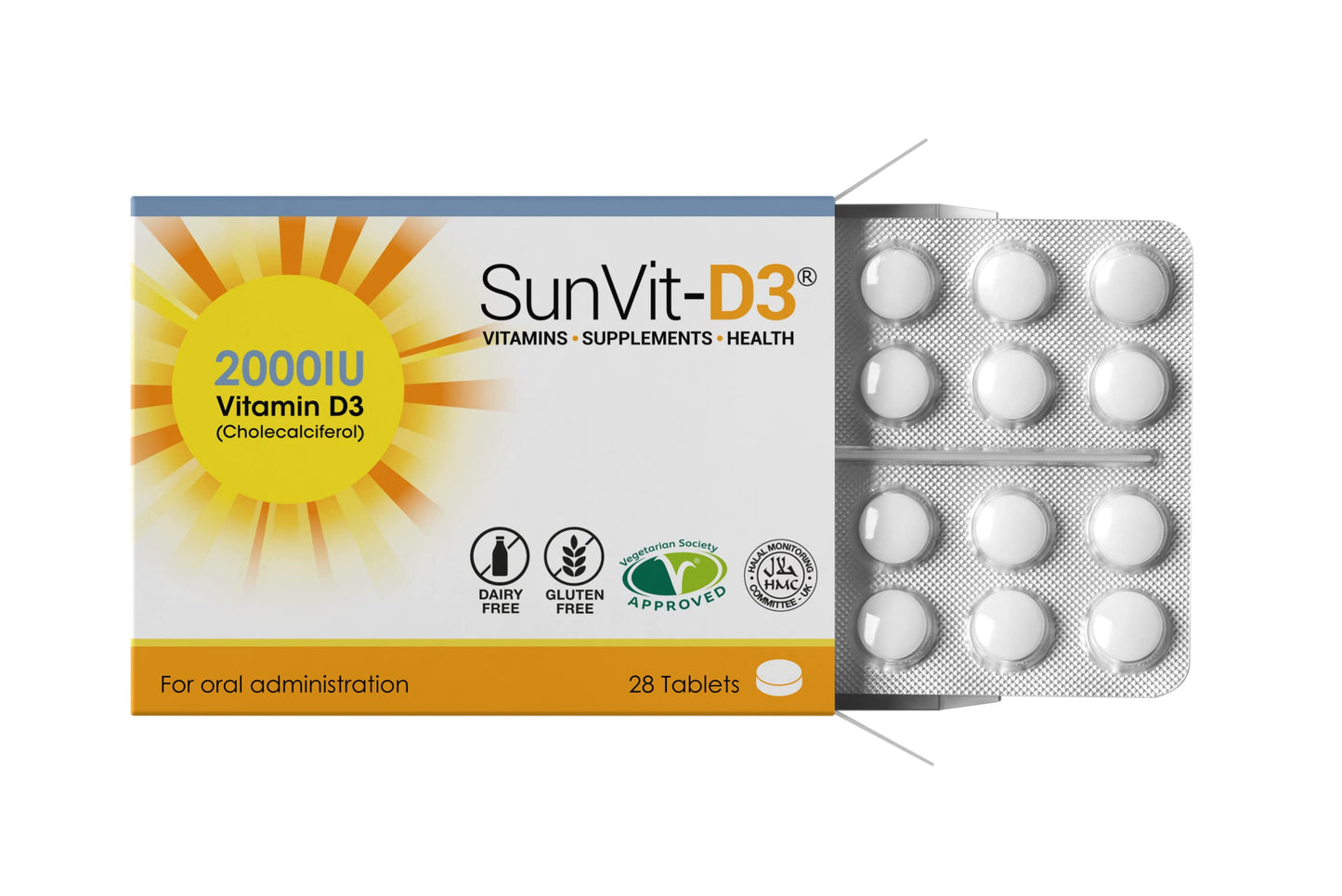 SunVit-D3 Vitamin D 2000iu - High Strength Vitamin D Tablets Support The Maintenance of Bone, Teeth, Muscle & Immune System | Made in UK & GMP Approved | Dairy & Gluten Free - D3 Vitamins 28 Tablets