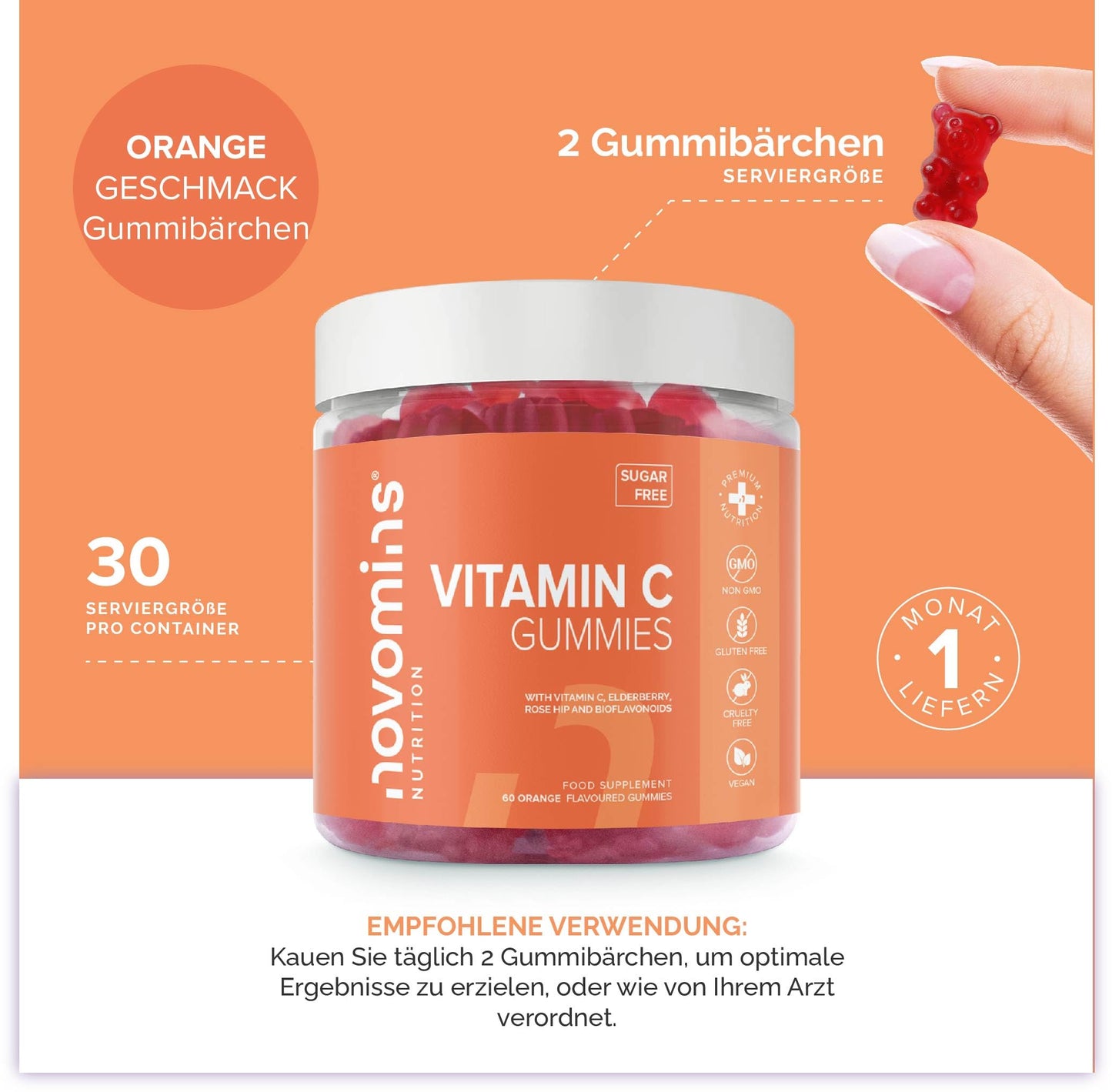 novomins Vitamin C Gummies Sugar Free – 250 mg High Strength Vitamin C for Adults – with Added Bioflavonoids, Rose Hip, Elderberry & Zinc - Immune System Support - Vegan- Gluten Free - by Novomins