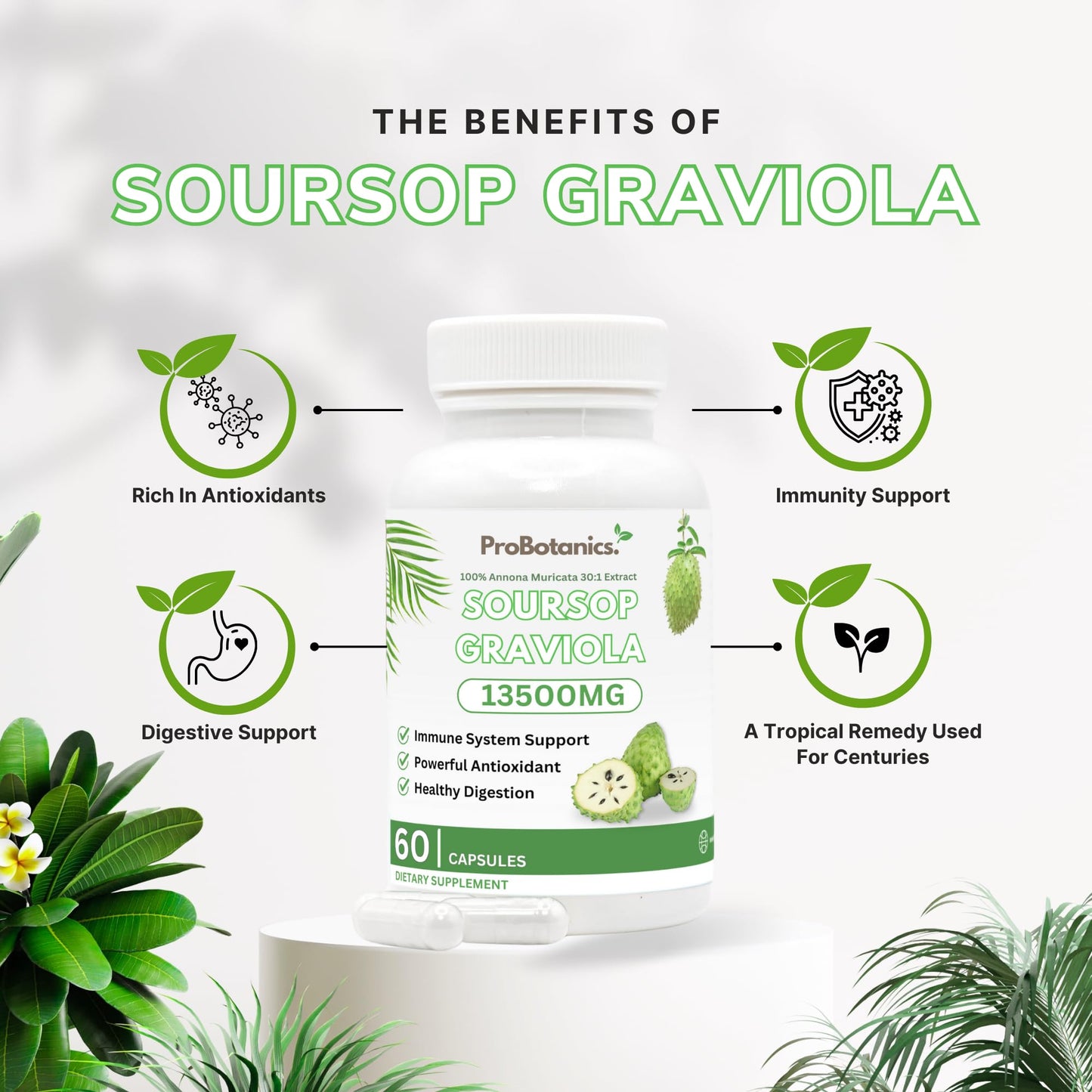 Organic Soursop Graviola for Cell Support & Regeneration | High Strength 13500mg 30:1 Extract Per Serving | Powerful Antioxidant and Immune Support - 60 Capsules