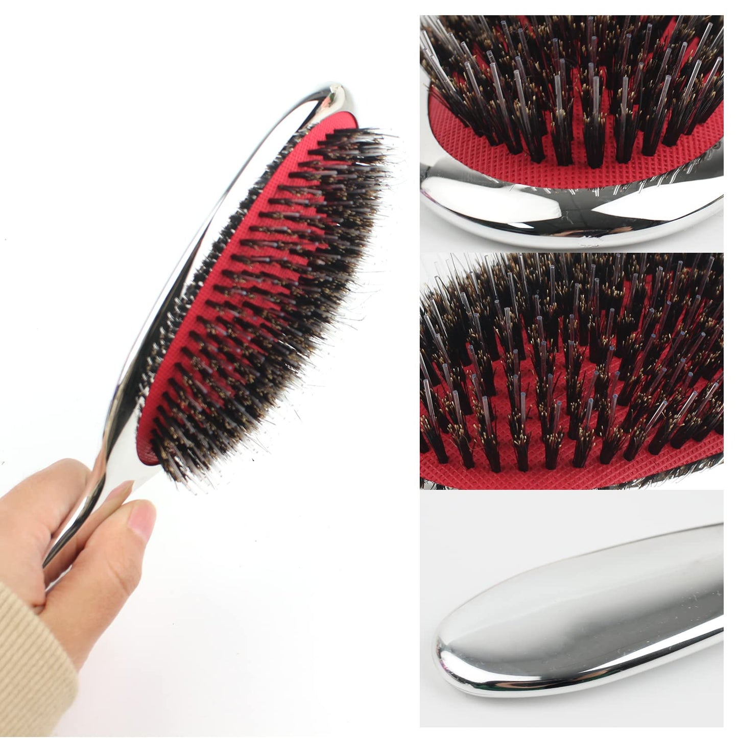 VinBee Paddle Hair Extension Brush Cushion Hair Brush Detangler Dual Bristle Design Soft Boar Bristle Nylon Brush Anti-static Comb Beauty Works Silver