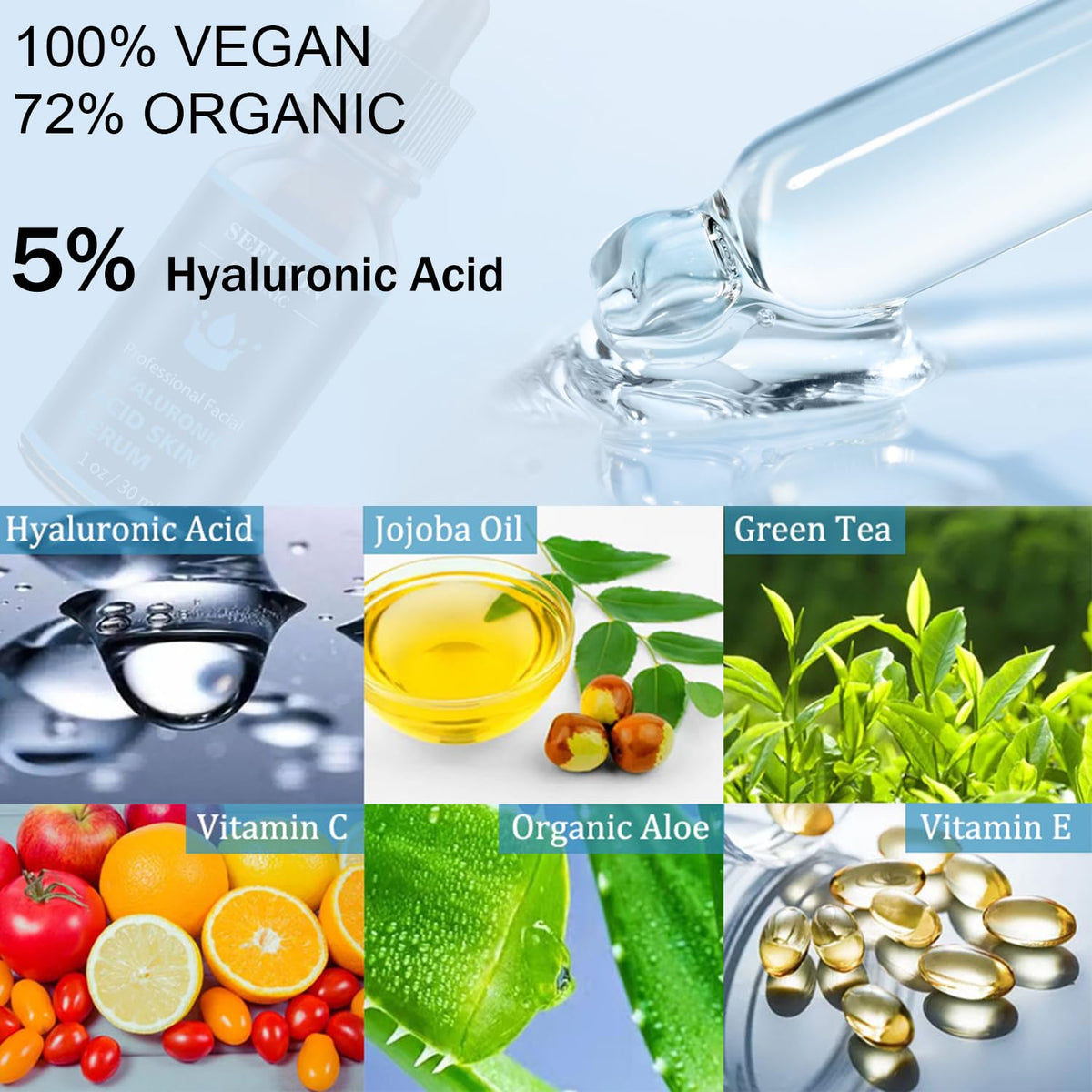 SEFUSON Hyaluronic Acid 5% + Vit E, Best Pure Hyaluronic Acid Moisturiser for Face, Anti Ageing & Anti Wrinkle Moisturiser Hyaluronic Acid Serum, Fine Lines & Sensitive Skin, Improve Age Spots（60ml）