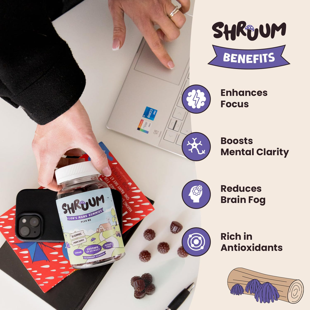 Shruum SHRUUM Lions Mane Gummies 2000mg - Mushroom Gummies for Focus & Clarity Without Caffeine - Sugar Free, Vegan, with Vitamin B6 - Blueberry - 60 Gummies (30 Day Supply)