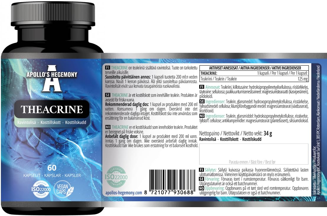 APOLLO'S HEGEMONY Theacrine 125mg - 60 Vegan Capsules - Natural Alkaloid from Tea for Enhanced Focus and Energy - 2 Month Supply - Diet Supplement from Apollo's Hegemony