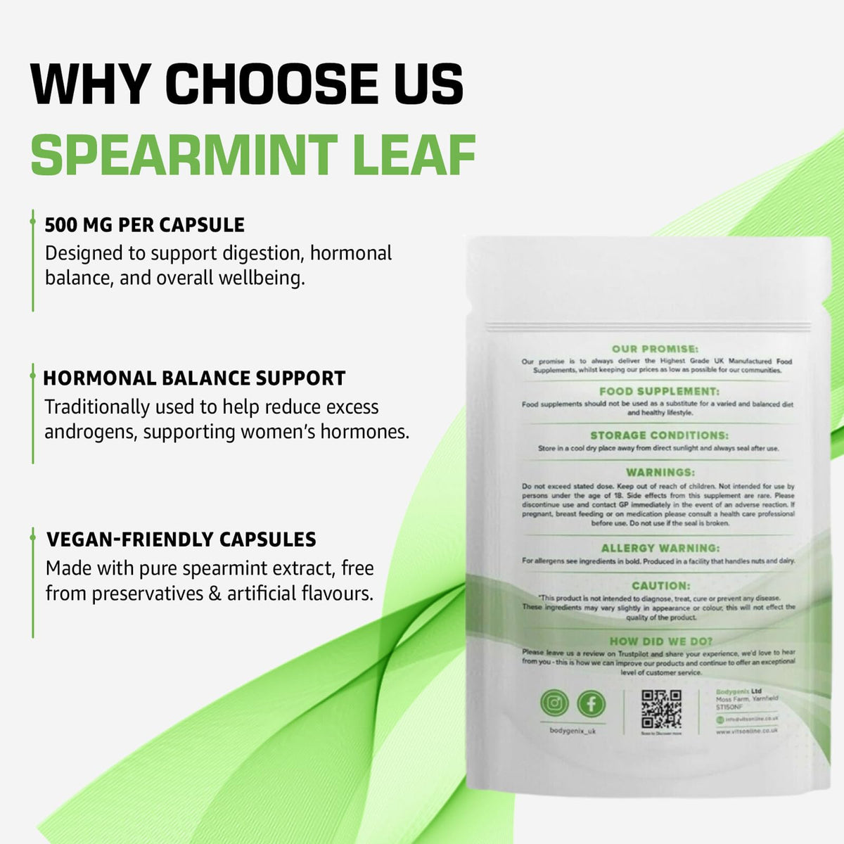 Bodygenix Spearmint Leaf Capsules - 500mg Hormonal Balance Digestive Health Fatigue & Stress Relief Support Antioxidant Formula Natural Food Supplement - 30 Capsules 1 Month Supply