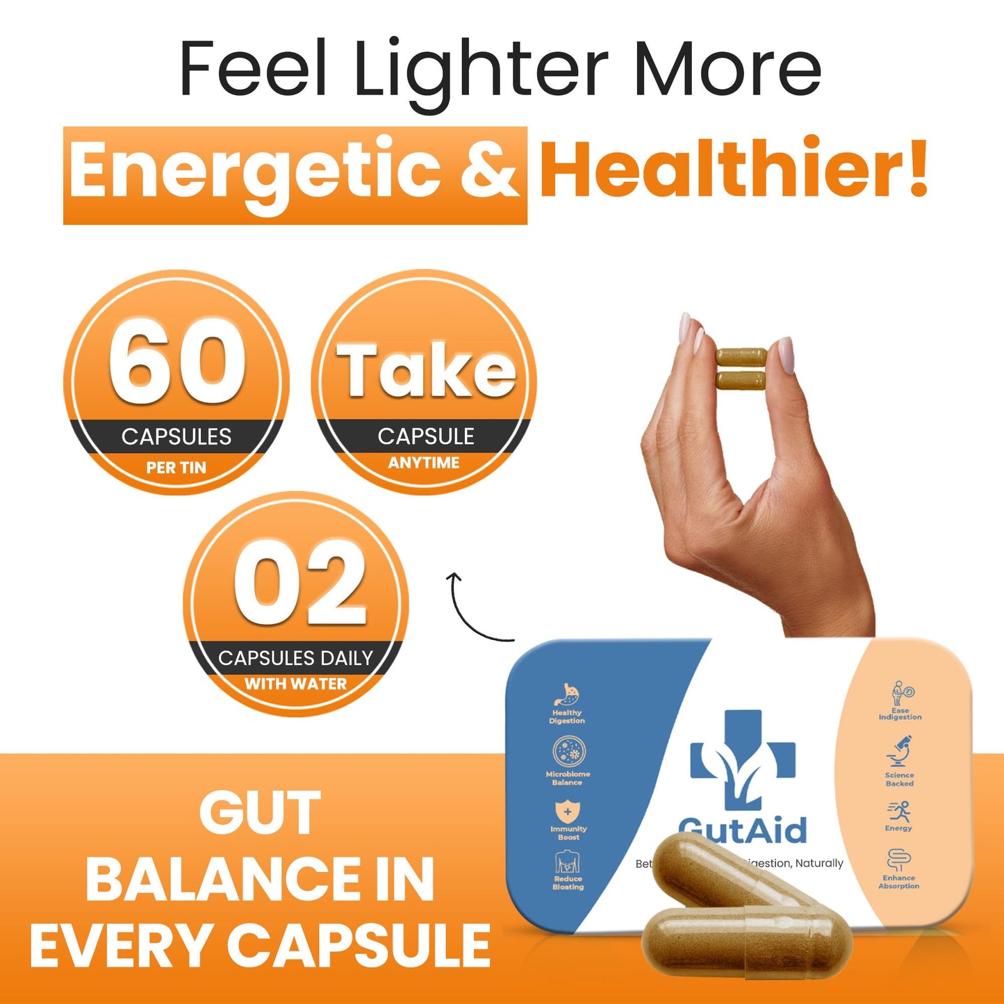 DailyAid Gut Aid Probiotics for Gut Health - Bio Cultures Complex Prebiotics for Bloating Relief & Immune Support | 67.5 Billion CFUs Vegan Gut Health Supplements to Support Microbiome and Digestion