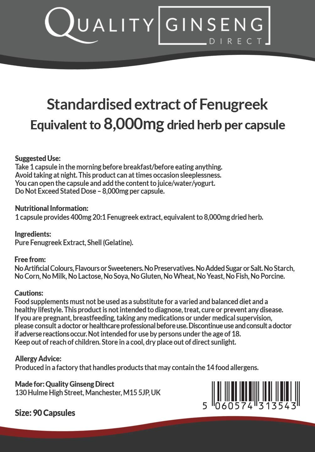 Quality Ginseng Direct Fenugreek - 8,000mg Capsules - Powerful Formula (90 Capsules)