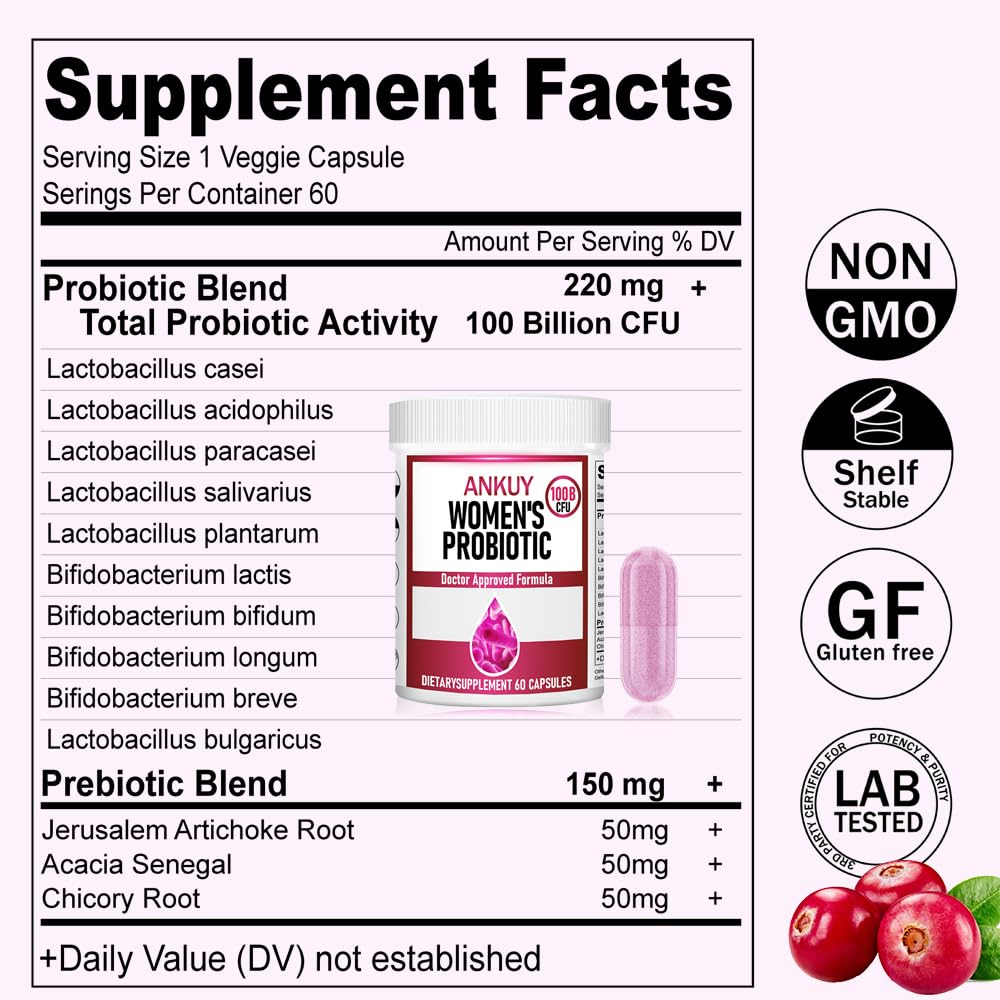 Probiotics for Women - PH Balance, Digestive, UT, & Feminine Health - 100 Billion CFU -10 Unique Strains for Women - Organic Prebiotics, Cranberry Extract+ - Womens Probiotic - 60 Capsules