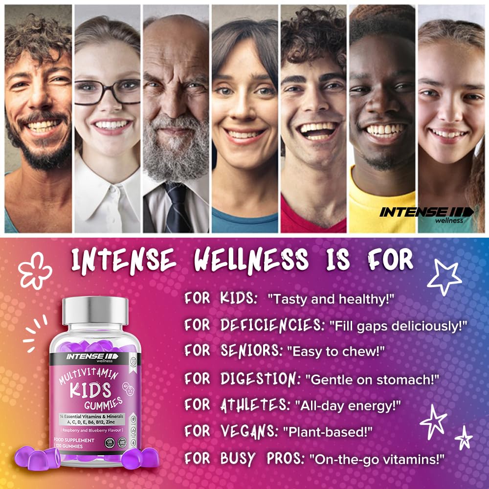 Intense Wellness INTENSE Wellness Multivitamin Gummies for Kids - Vegan Gummies with 14 Vitamins, Minerals, B6, B12 - Raspberry/Blueberry Flavour - Healthy Multi Gummies Boost Immunity, Bone Health, more - 120 Gummies