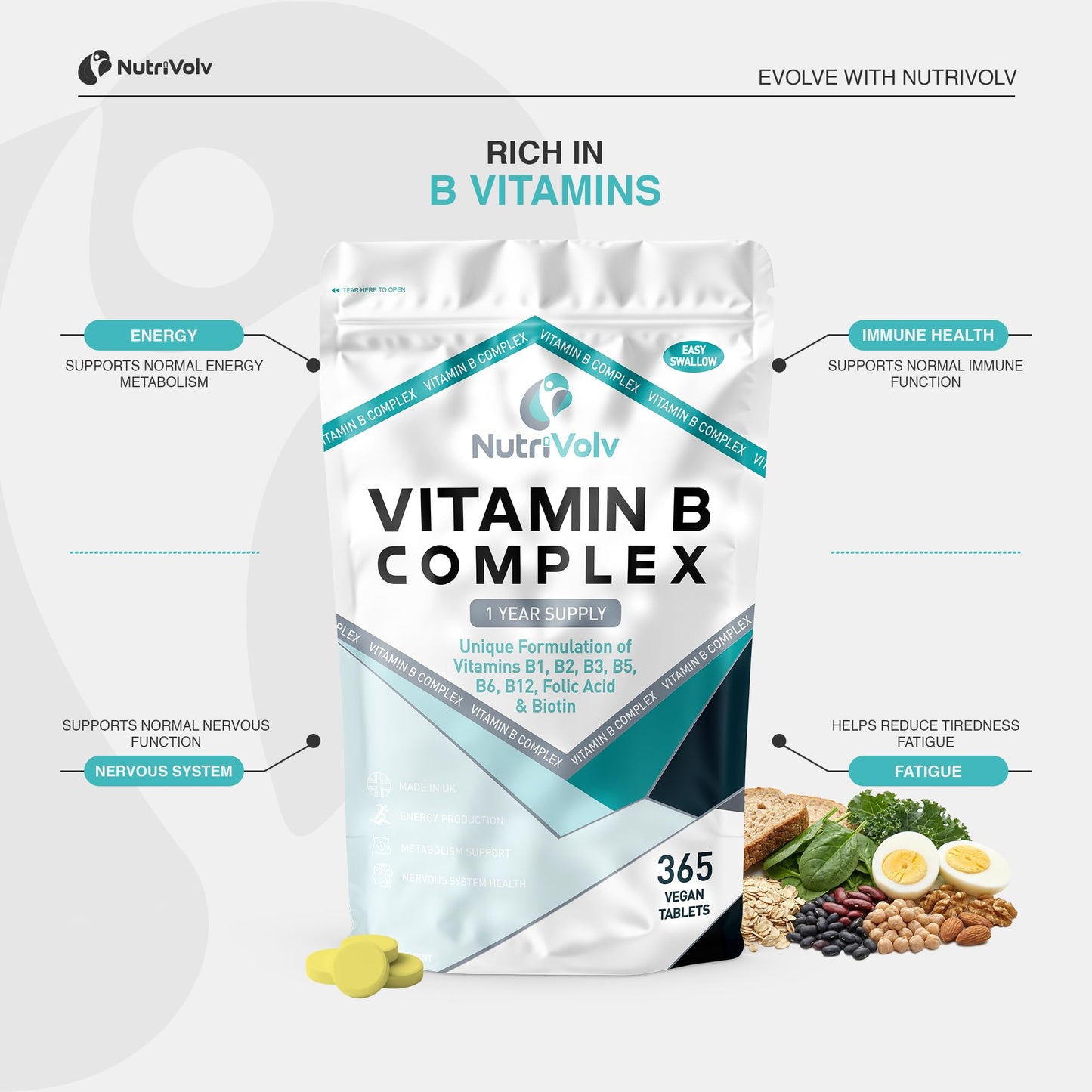 Vitamin B Complex | 365 Vegan Tablets (1 Year Supply) | Vitamin B1, B2, B3, B5, B6, B7 (Biotin), B9 (Folic Acid) & B12 | Reduction of Tiredness, Energy & Immune Support | Made in The UK | by NutriVolv