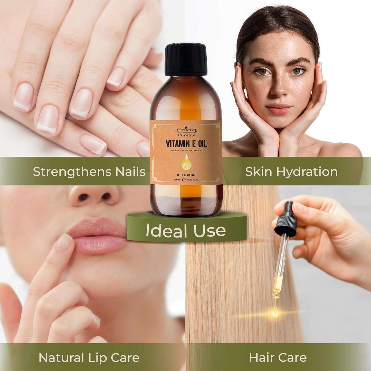 Essican Purelife Vitamin E Oil 250ml - 100% Pure Natural Vitamin E Oil for Face, Vitamin E Oil for Hair, Vitamin E Oil for Skin, Vitamin E for Scars, Scalp, Pure Vitamin E Oil for Nails, VIT E Pure Oil, Carrier Oils