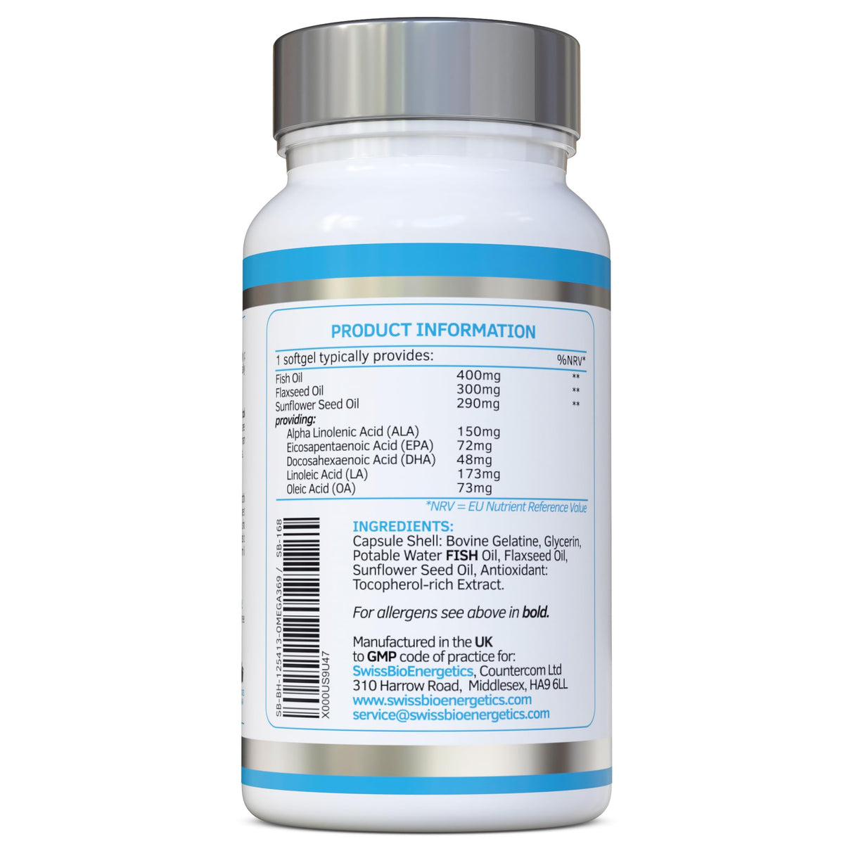 swiss bioenergetics Omega Balanced 3, 6 & 9 Fish Oil 1000mg, 90 Capsules - High Strength EPA & DHA Formula derived from Fish & Flaxseed Oil with Added Vitamin E in Easy to Swallow Soft Gel Capsules