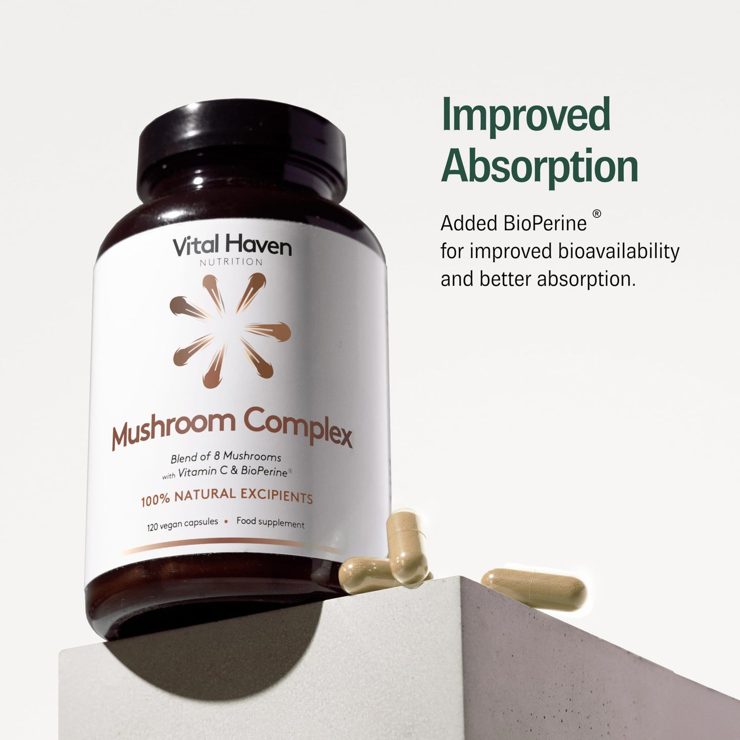 Vital Haven - Mushroom Supplement - Lions Mane, Reishi, Cordyceps, Shiitake, Maitake, Chaga, Agaricus Blazei, Tremella with VIT C - UK Made