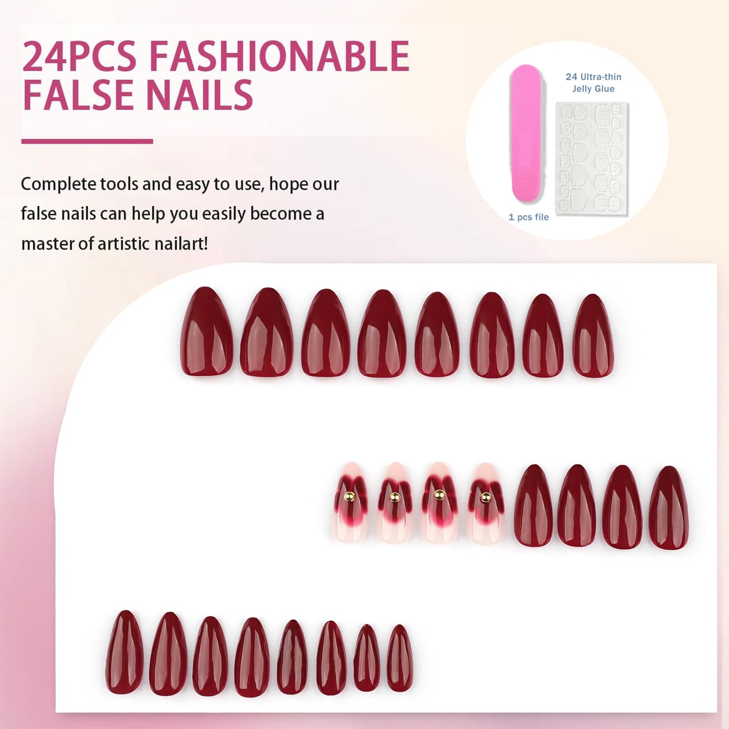 Mikloven Pearl Red French Tip Press On Nails - Almond Short Floral Design - 24Pcs Reusable Nail Set - Premium ABS Material - Quick 5 Minute Application - Salon Quality At Home - Lightweight Manicure Kit