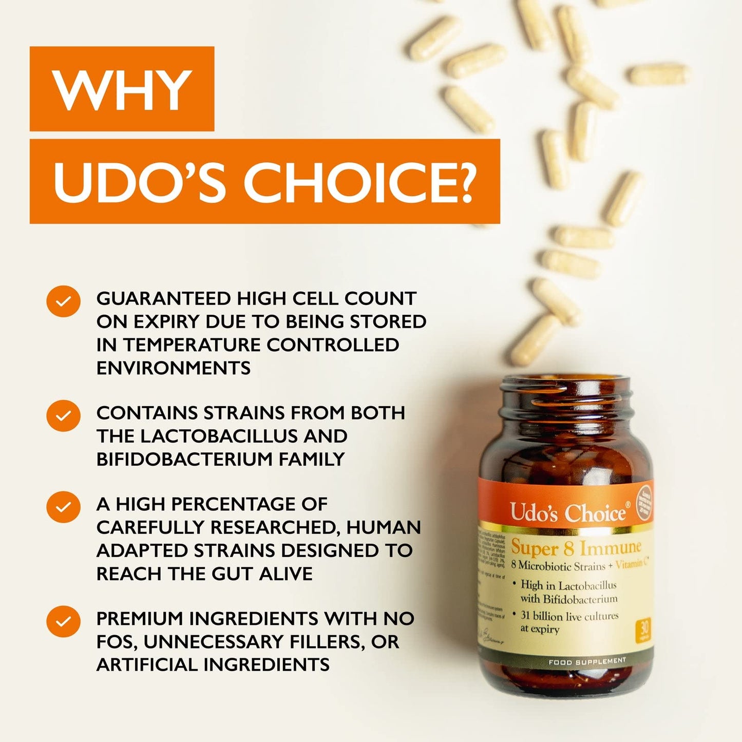 Udo's Choice Super 8 Immune Probiotics - Hi Count Microbiotics with Vitamin C - Supports Bowels and Digestive Health, One a Day Probiotics, 42 Billion Cell Count -8 Microbiotic Strains - 30 Capsules