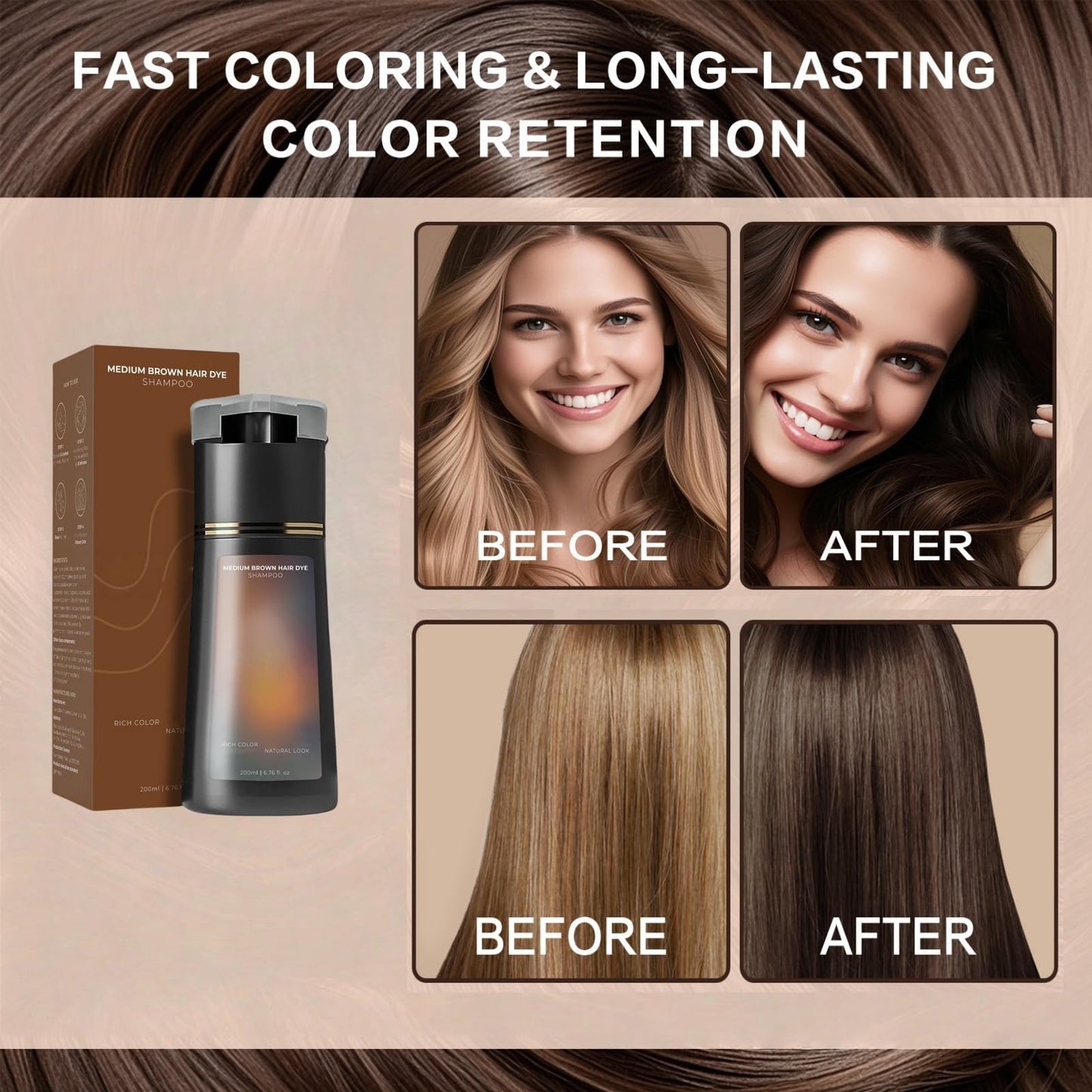 BigyQiu Polar Hair Dye Shampoo,Medium Brown Hair Care Instant Dye Shampoo,3-In-1 Sham/poo Color Treated Ha/ir,Instant Dy/e Sham/poo for Men and Women,Permanent Colour Sha/mpoo Cover Grey H/air,Medium Brown