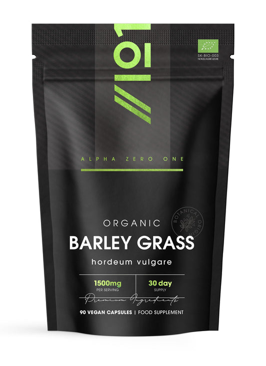 ALPHA01 Organic Barley Grass 1500mg – 90 Vegan Capsules – Rich in Amino Acids – High Strength Hordeum Vulgare Supplement – Resealable and Recyclable Pouch – by Alpha01