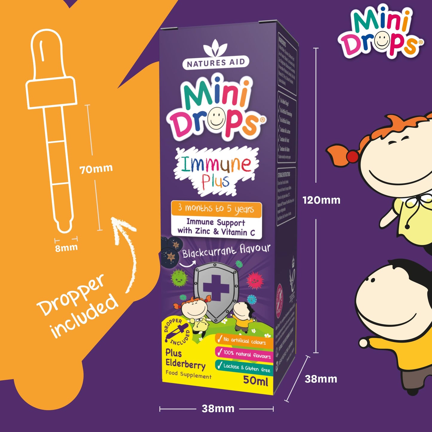 Natures Aid Mini Drops Immune Plus for Kids 50ml - Immune Support with Zinc and Vitamin C - Sugar Free, Vegan, Non-GMO, Natural Supplement for Infants and Children Age 0-5 Years Old - Dropper Included