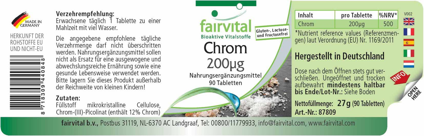 Fairvital | Chromium 200mcg from Chromium picolinate - Bulk Pack for 3 Months - HIGH Dosage - Vegan - 90 Tablets