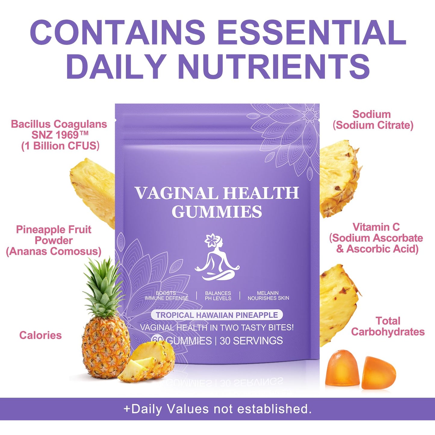 FSLHCY Premium Feminine Balance Gummies for Women - Hawaiian Pineapple Flavor Vaginal Probiotic Gummies for pH Balance Health & Immune Support Vegan, Gluten-Free (60 Gummies)