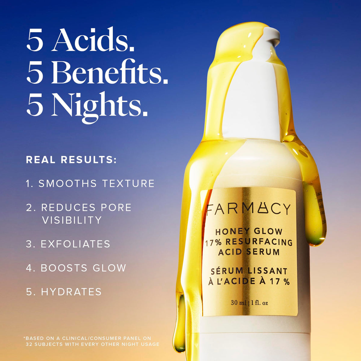 Farmacy Honey Glow 17% AHA & BHA Resurfacing Night Serum - Facial Serum with Hyaluronic Acid - Reduces Fine Lines & Pores (30ml)