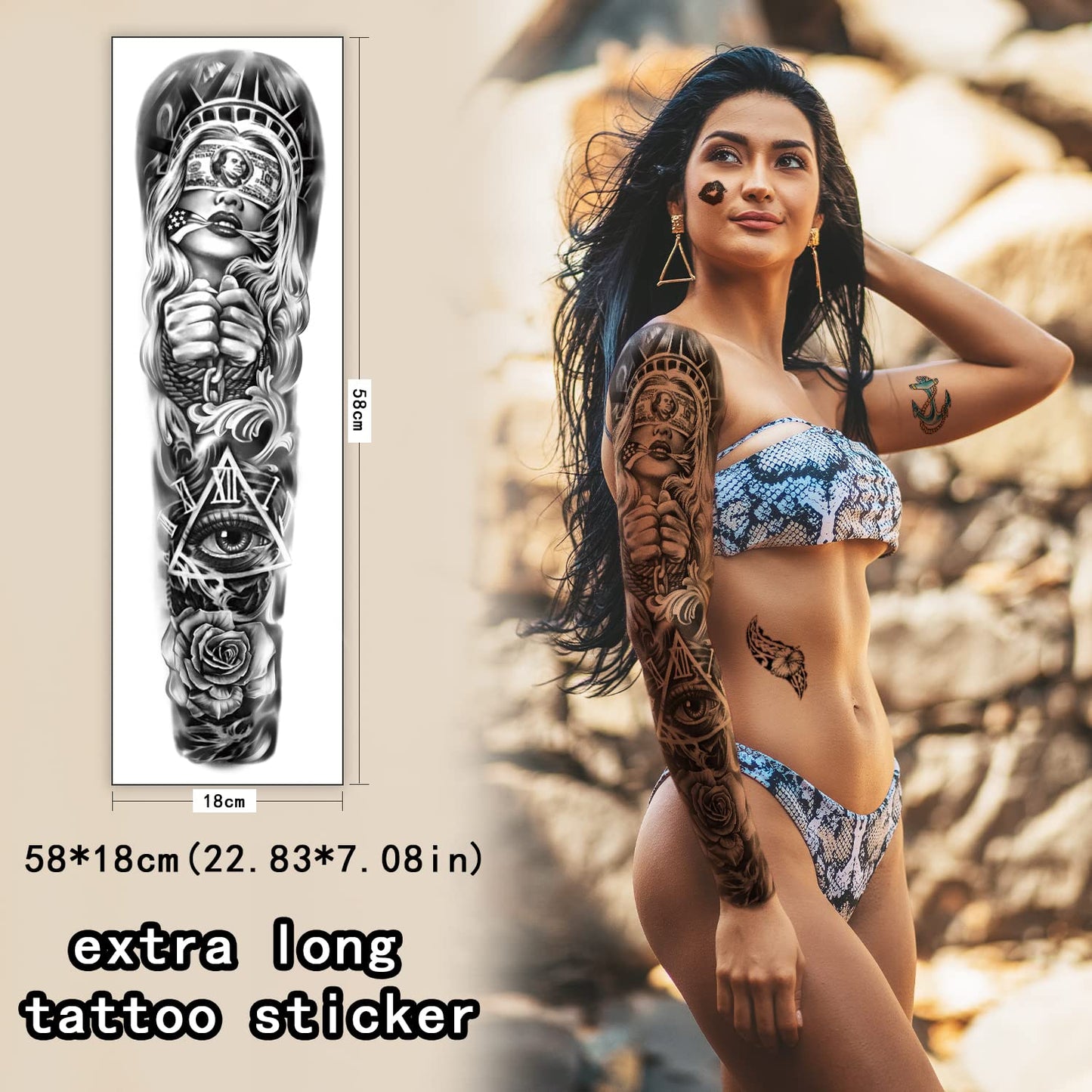 Metuu Full Arm Temporary Tattoo 46 Sheets for Men And Women(L22.8“xW7”), Fake Tattoo Stickers Patterns Deer Eagle Lion Wolf Tiger Totem Realistic Temp Tattoos Suitable For Hand Arm Leg Face