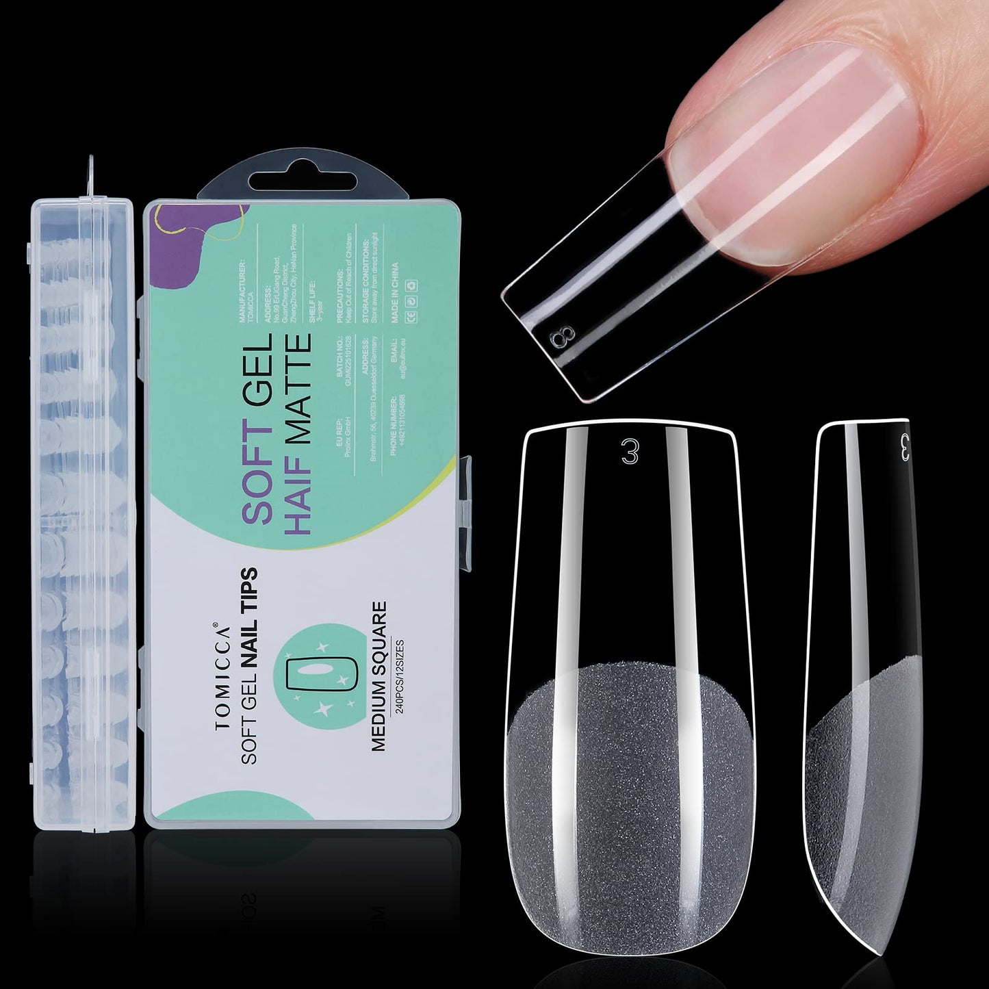 TOMICCA Soft Gel Nail Tips, 240PCS Clear Half Matte Full Cover Nail Tips for Nail Extensions, Pre-Buff No File Nail Tips Traceless for Nail Art Salon and Home DIY, 12 Sizes-MEDIUM SQUARE