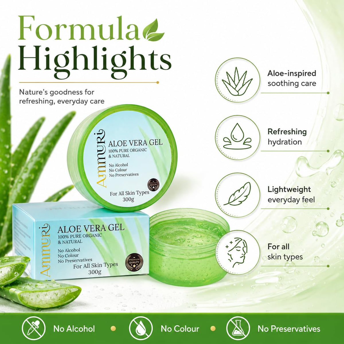 Ammuri Organic Aloe Vera Gel 300ml – 100% Pure Natural Cooling Moisturiser for Face, Hair & Body | Hydrating After Sun Lotion for Dry Skin | Non-Sticky Soothing Gel, Vegan & Cruelty-Free