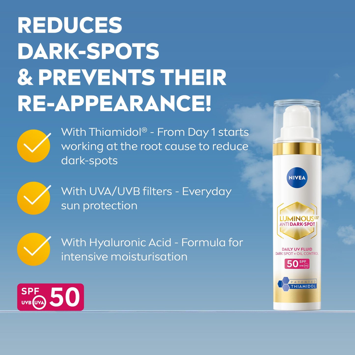 NIVEA Cellular Luminous 630 Anti Dark-Spot Daily UV Fluid Face SPF 50 (40ml), Protects From Dark-Spots, Hyperpigmentation and Photoageing, Face Moisturiser with Hyaluronic Acid and Vitamin E