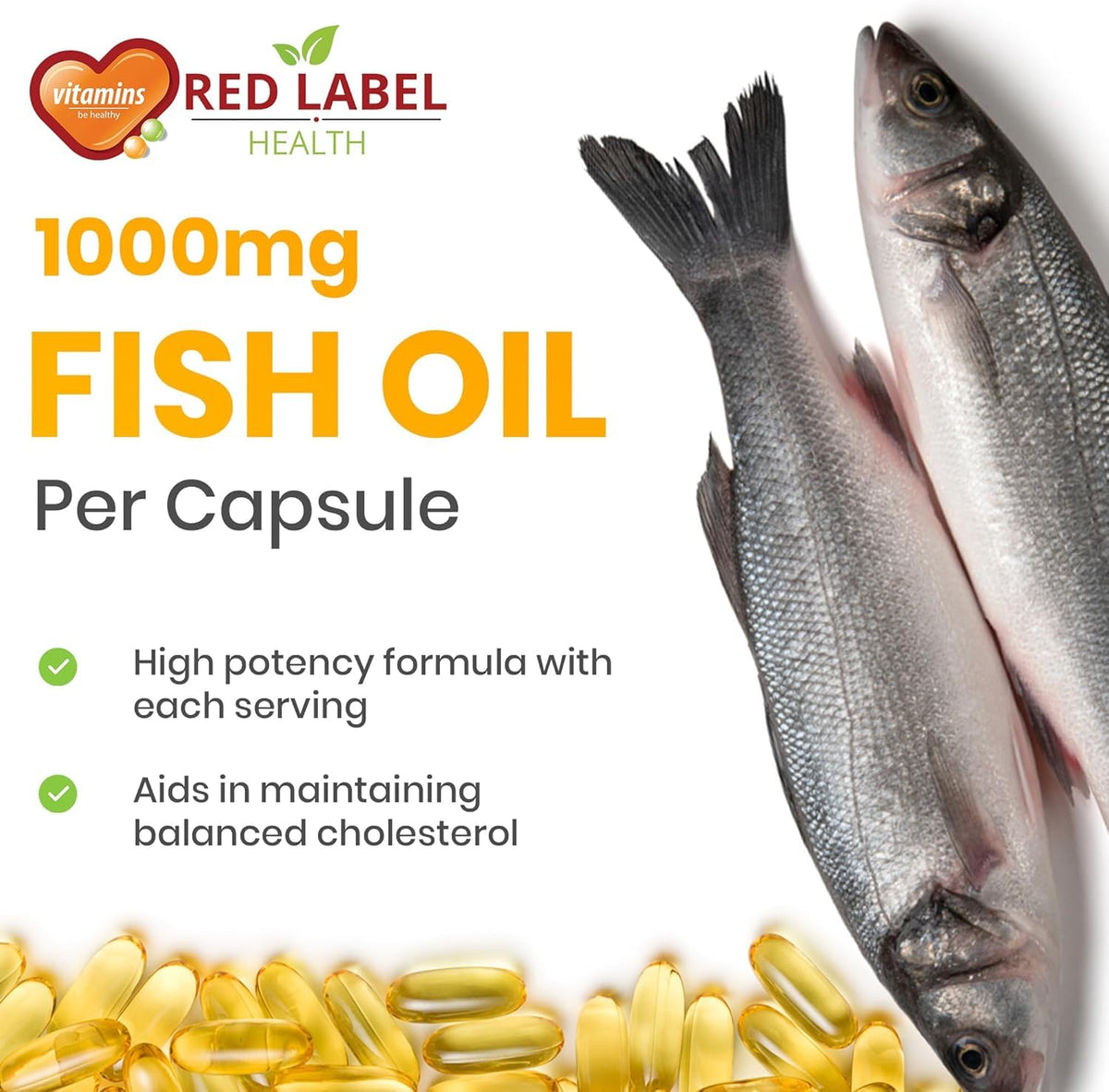 Red Label Health Omega 3 Fish Oil 1000mg, 30 Softgels (1 Month Supply), Double Strength 180mg EPA and 120mg DHA, Supports Eye, Heart & Brain Health for Men & Women - UK Made