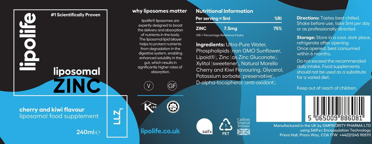 Lipolife Liposomal Liquid Zinc Supplement for Optimal Immune Support LLZ1. Delicious Cherry and Kiwi Flavour, Vegan, Gluten Free, Sugar Free. 48 Servings.